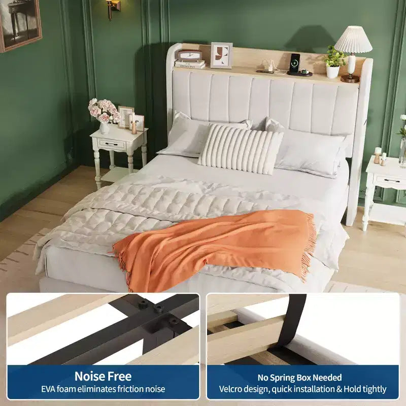 Cadre de lit jumeau avec tête de lit, cadre robuste pour lit Twin XL avec tête de lit rembourrée, lit plateforme avec tête de lit de rangement, station de recharge et tiroirs