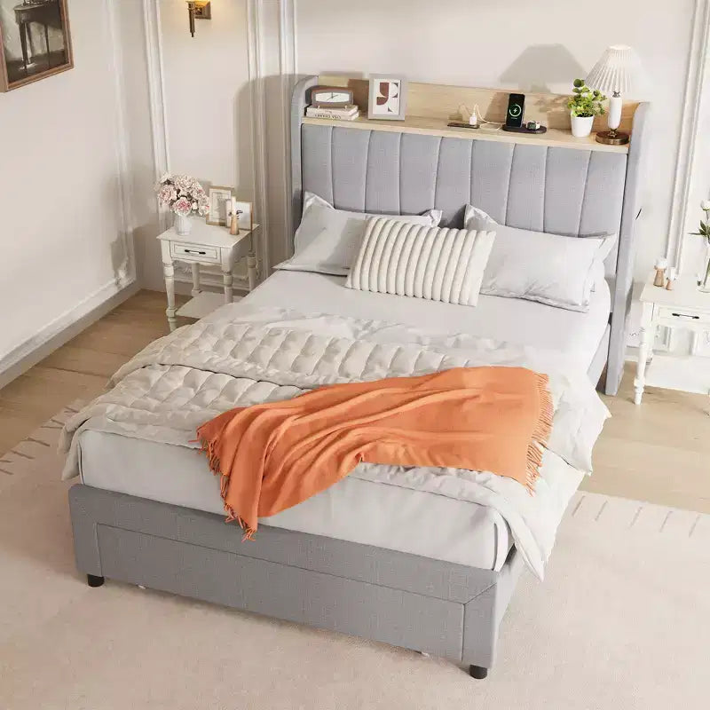 Cadre de lit jumeau avec tête de lit, cadre robuste pour lit Twin XL avec tête de lit rembourrée, lit plateforme avec tête de lit de rangement, station de recharge et tiroirs