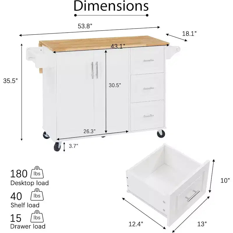 Îlot de cuisine mobile avec plan de travail rabattable, meuble de rangement et étagère haute - desserte à roulettes avec portes de grange, blanche
