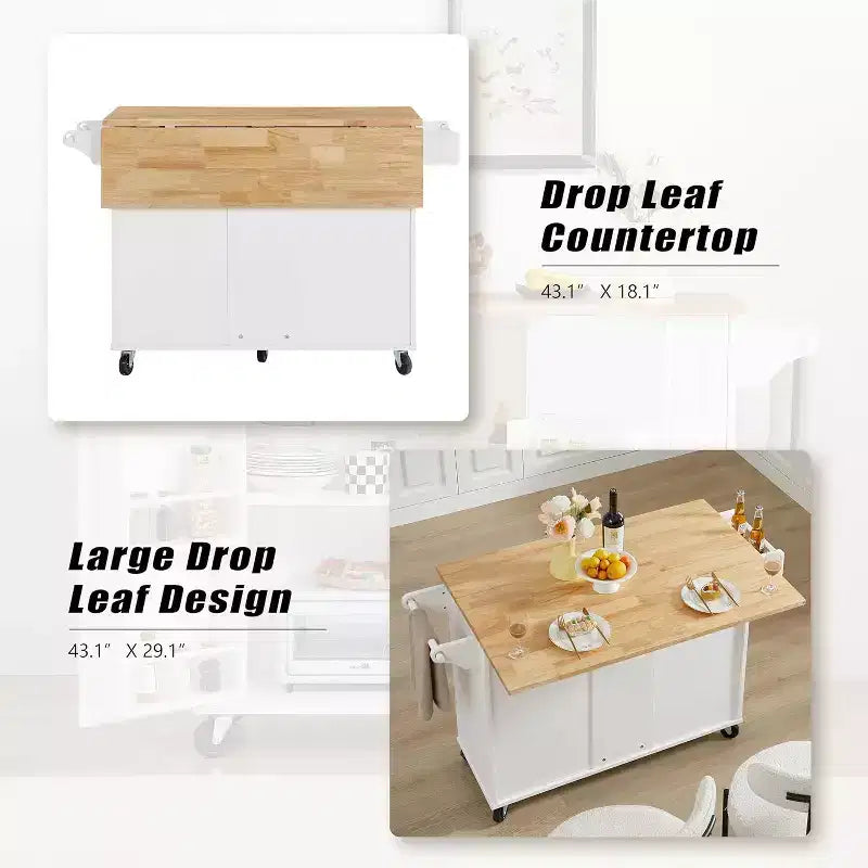Îlot de cuisine mobile avec plan de travail rabattable, meuble de rangement et étagère haute - desserte à roulettes avec portes de grange, blanche