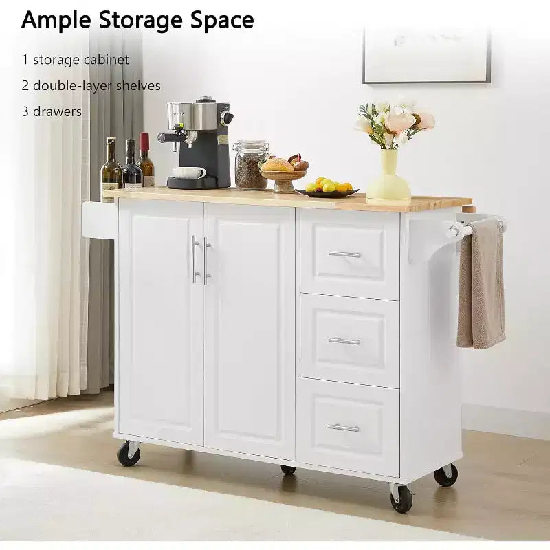 Îlot de cuisine mobile avec plan de travail rabattable, meuble de rangement et étagère haute - desserte à roulettes avec portes de grange, blanche