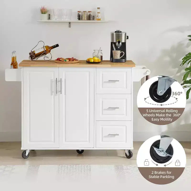 Îlot de cuisine mobile avec plan de travail rabattable, meuble de rangement et étagère haute - desserte à roulettes avec portes de grange, blanche
