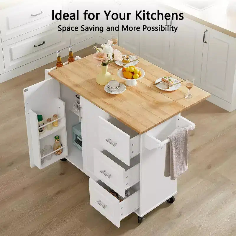 Isla de cocina móvil con encimera abatible, armario de almacenamiento y estante torre - carrito móvil con ruedas y puerta estilo granero, blanco