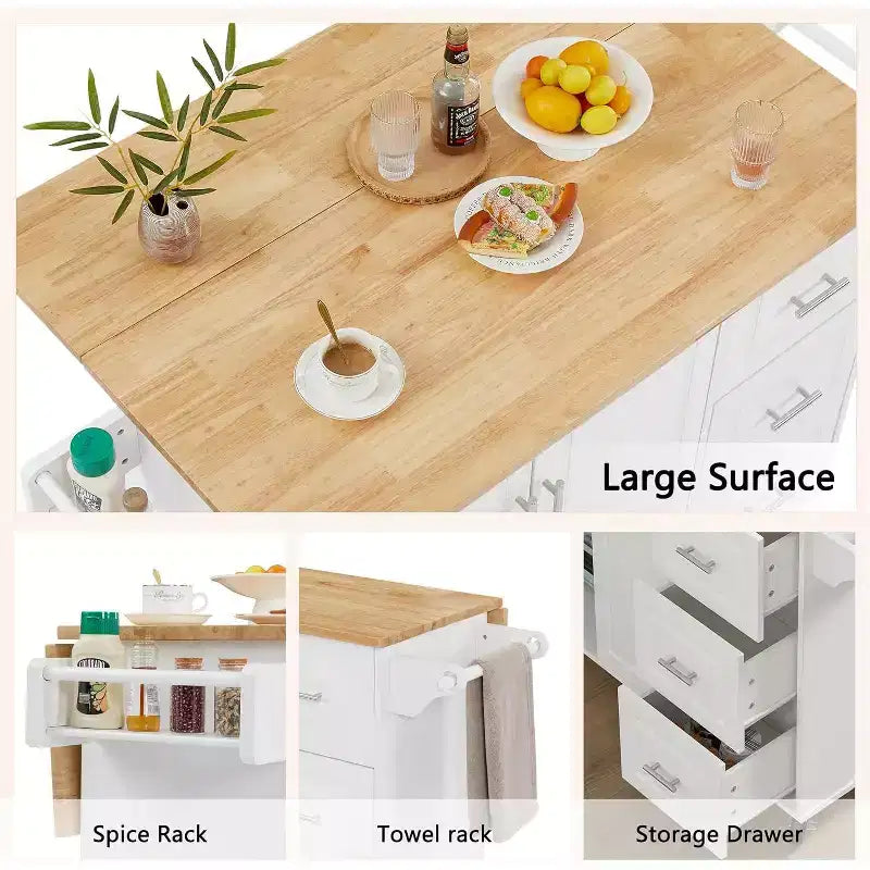 Isla de cocina móvil con encimera abatible, armario de almacenamiento y estante torre - carrito móvil con ruedas y puerta estilo granero, blanco