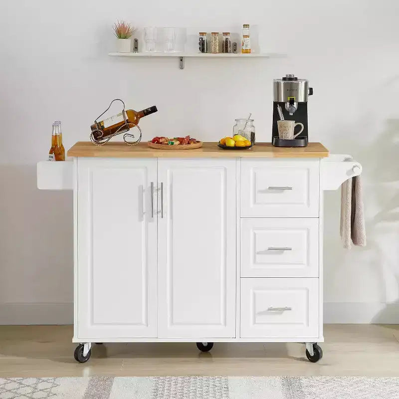 Isla de cocina móvil con encimera abatible, armario de almacenamiento y estante torre - carrito móvil con ruedas y puerta estilo granero, blanco