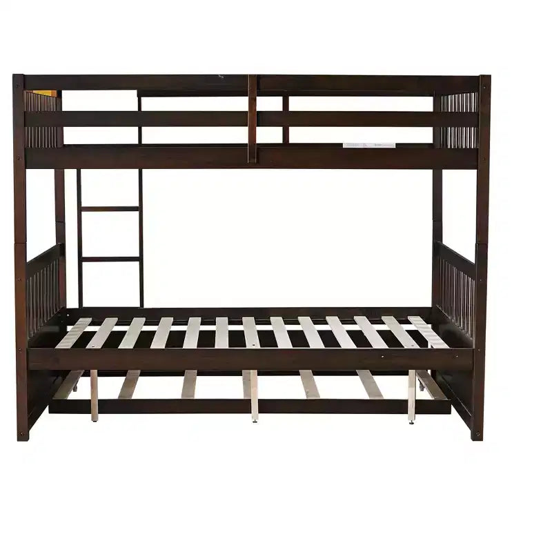 Litera de madera de caucho para dos camas matrimoniales con cama nido, escalera y barandillas, convertible en 2 camas matrimoniales, con cama nido individual