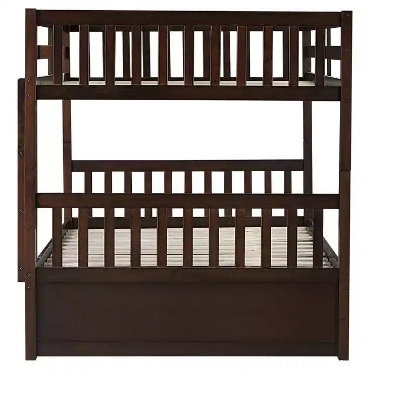Litera de madera de caucho para dos camas matrimoniales con cama nido, escalera y barandillas, convertible en 2 camas matrimoniales, con cama nido individual