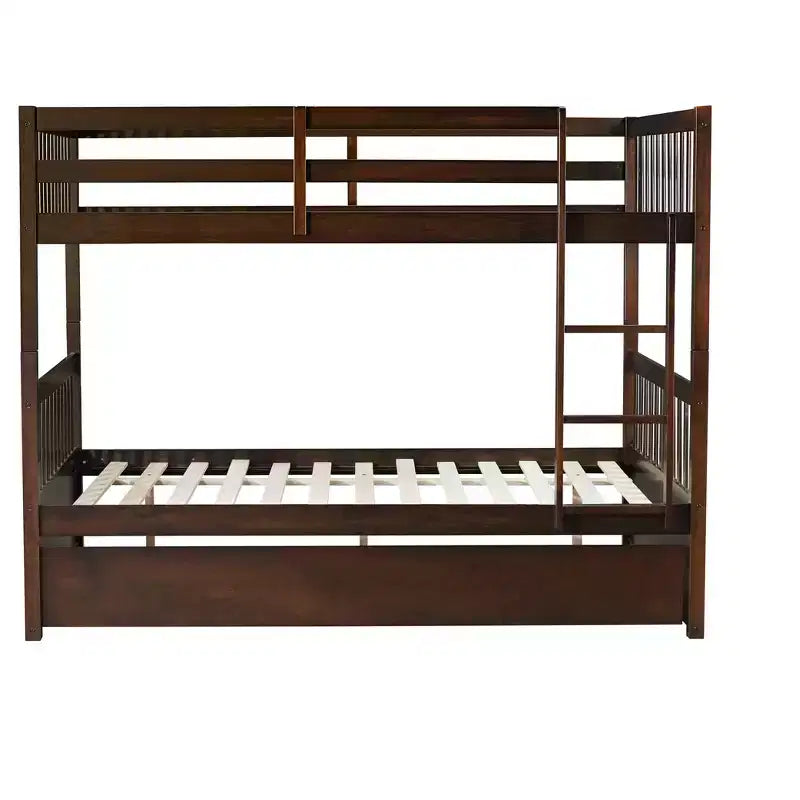 Litera de madera de caucho para dos camas matrimoniales con cama nido, escalera y barandillas, convertible en 2 camas matrimoniales, con cama nido individual