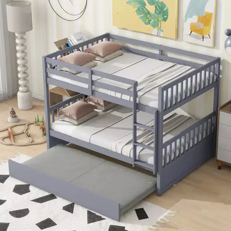 Litera de madera de caucho para dos camas matrimoniales con cama nido, escalera y barandillas, convertible en 2 camas matrimoniales, con cama nido individual