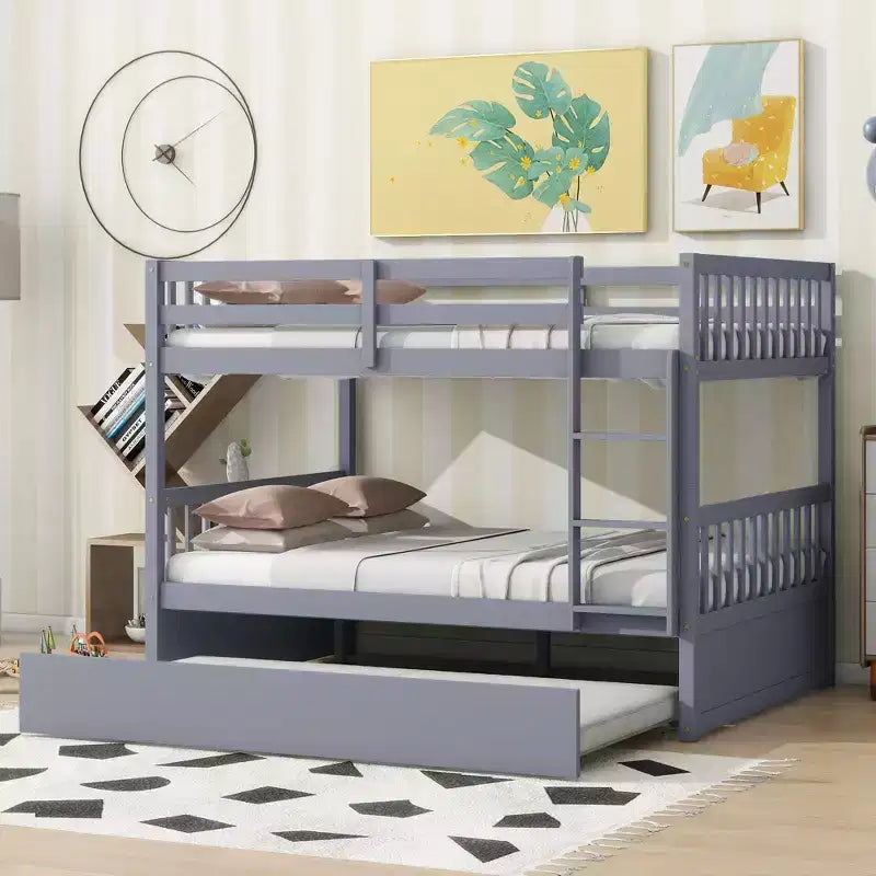 Litera de madera de caucho para dos camas matrimoniales con cama nido, escalera y barandillas, convertible en 2 camas matrimoniales, con cama nido individual