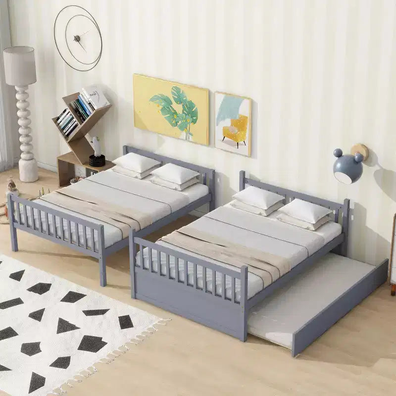 Litera de madera de caucho para dos camas matrimoniales con cama nido, escalera y barandillas, convertible en 2 camas matrimoniales, con cama nido individual