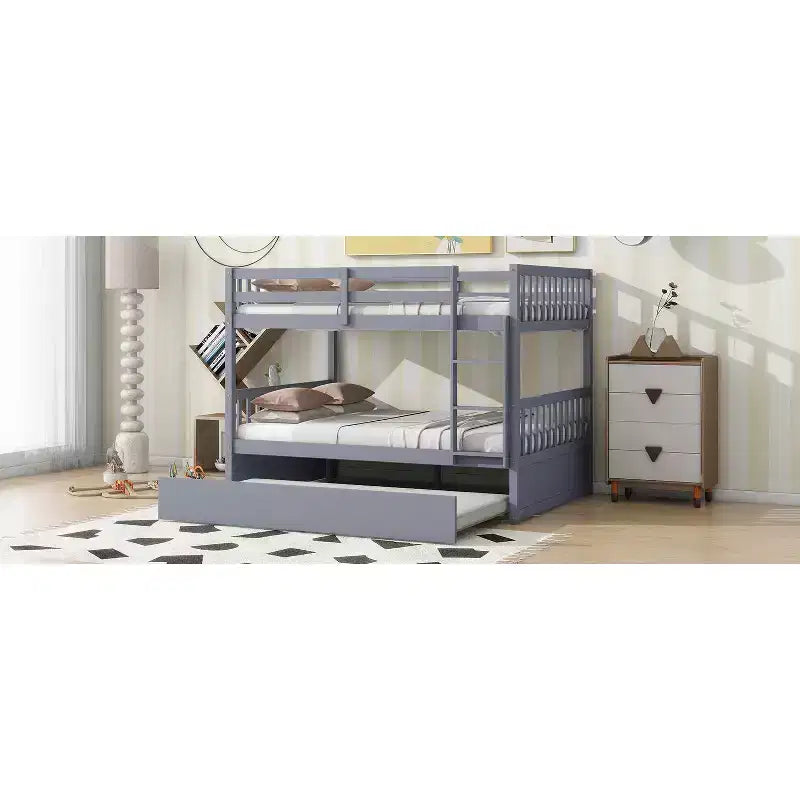 Litera de madera de caucho para dos camas matrimoniales con cama nido, escalera y barandillas, convertible en 2 camas matrimoniales, con cama nido individual