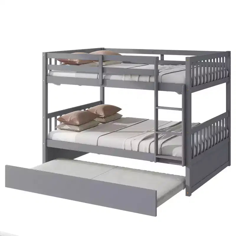 Litera de madera de caucho para dos camas matrimoniales con cama nido, escalera y barandillas, convertible en 2 camas matrimoniales, con cama nido individual