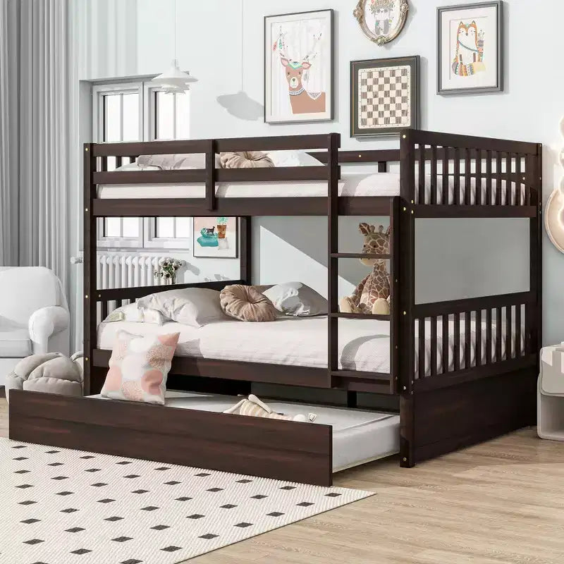 Litera de madera de caucho para dos camas matrimoniales con cama nido, escalera y barandillas, convertible en 2 camas matrimoniales, con cama nido individual
