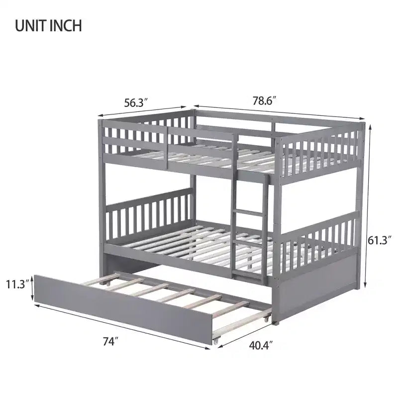 Litera de madera de caucho para dos camas matrimoniales con cama nido, escalera y barandillas, convertible en 2 camas matrimoniales, con cama nido individual