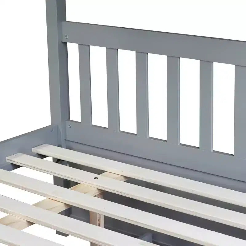 Litera de madera de caucho para dos camas matrimoniales con cama nido, escalera y barandillas, convertible en 2 camas matrimoniales, con cama nido individual