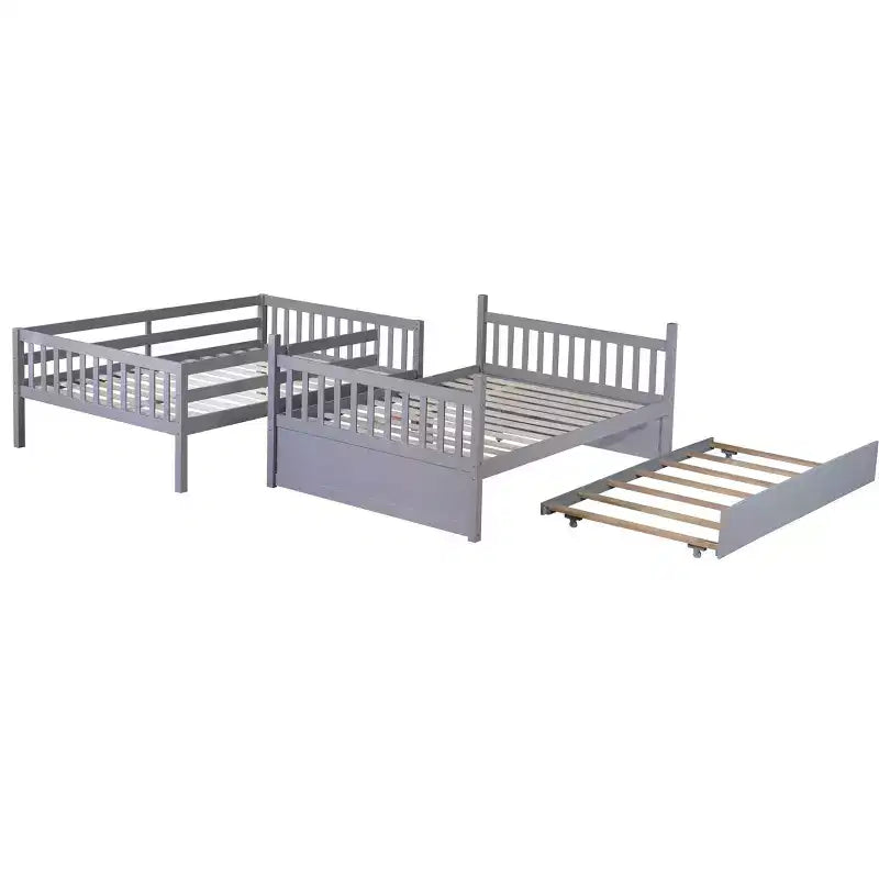 Litera de madera de caucho para dos camas matrimoniales con cama nido, escalera y barandillas, convertible en 2 camas matrimoniales, con cama nido individual
