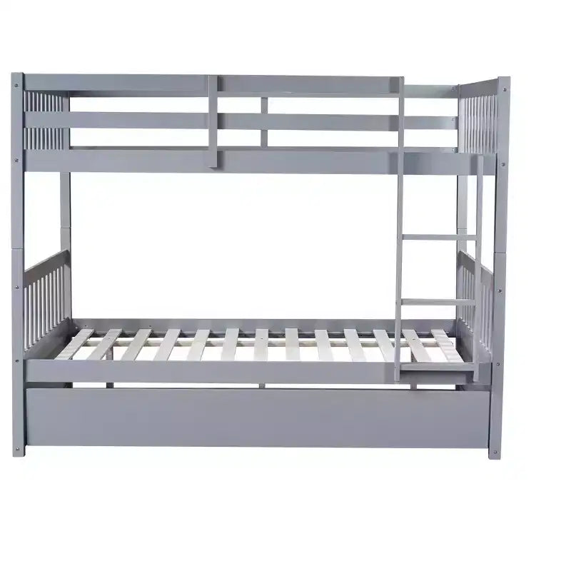 Litera de madera de caucho para dos camas matrimoniales con cama nido, escalera y barandillas, convertible en 2 camas matrimoniales, con cama nido individual