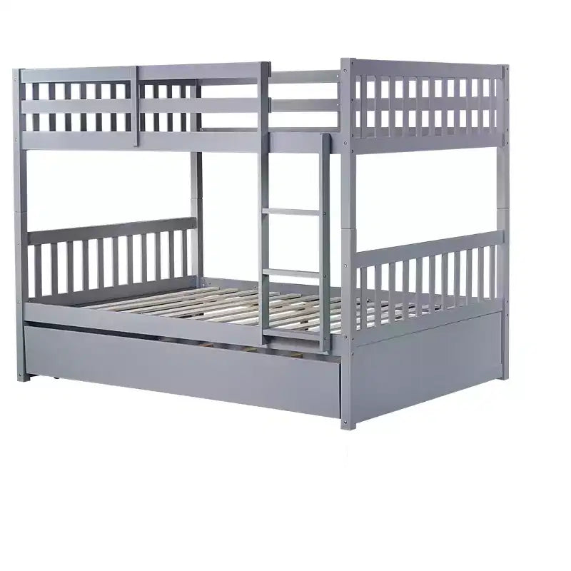 Litera de madera de caucho para dos camas matrimoniales con cama nido, escalera y barandillas, convertible en 2 camas matrimoniales, con cama nido individual