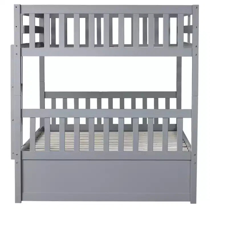Litera de madera de caucho para dos camas matrimoniales con cama nido, escalera y barandillas, convertible en 2 camas matrimoniales, con cama nido individual