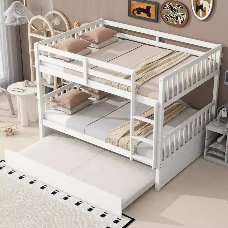 Litera de madera de caucho para dos camas matrimoniales con cama nido, escalera y barandillas, convertible en 2 camas matrimoniales, con cama nido individual