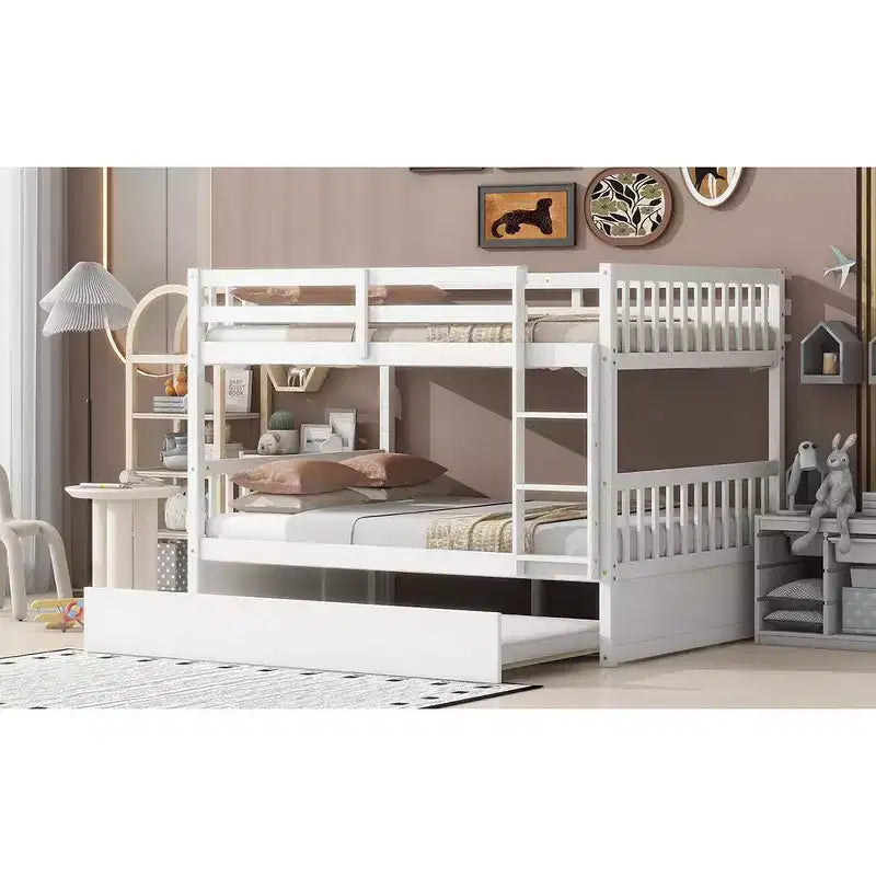 Litera de madera de caucho para dos camas matrimoniales con cama nido, escalera y barandillas, convertible en 2 camas matrimoniales, con cama nido individual
