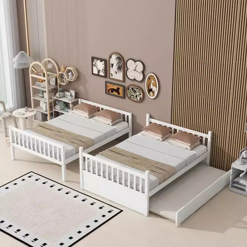 Litera de madera de caucho para dos camas matrimoniales con cama nido, escalera y barandillas, convertible en 2 camas matrimoniales, con cama nido individual