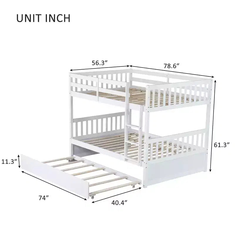 Litera de madera de caucho para dos camas matrimoniales con cama nido, escalera y barandillas, convertible en 2 camas matrimoniales, con cama nido individual