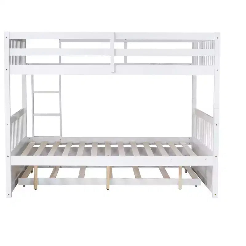 Litera de madera de caucho para dos camas matrimoniales con cama nido, escalera y barandillas, convertible en 2 camas matrimoniales, con cama nido individual