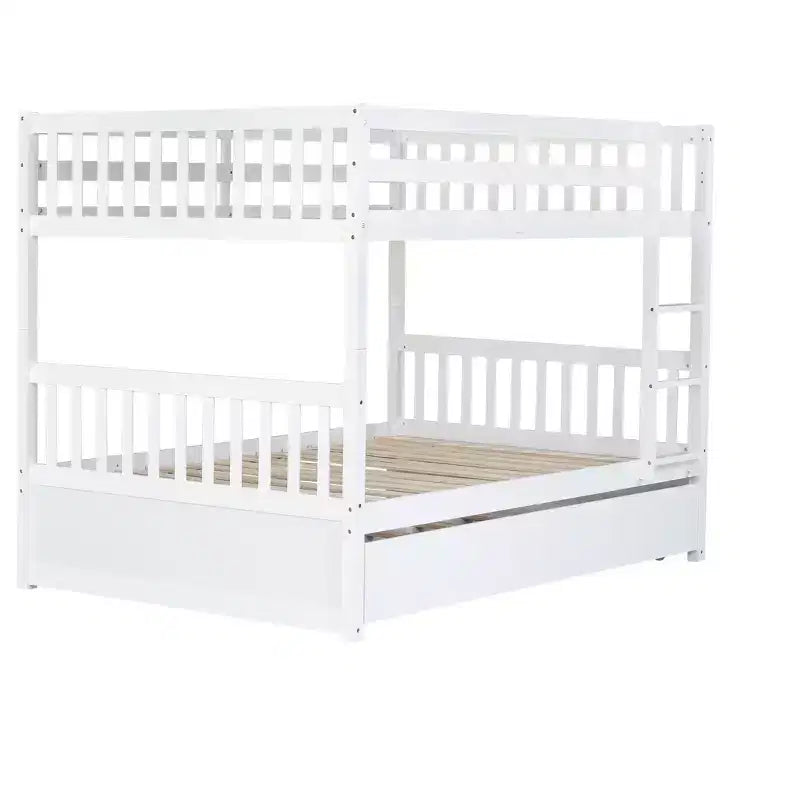 Litera de madera de caucho para dos camas matrimoniales con cama nido, escalera y barandillas, convertible en 2 camas matrimoniales, con cama nido individual