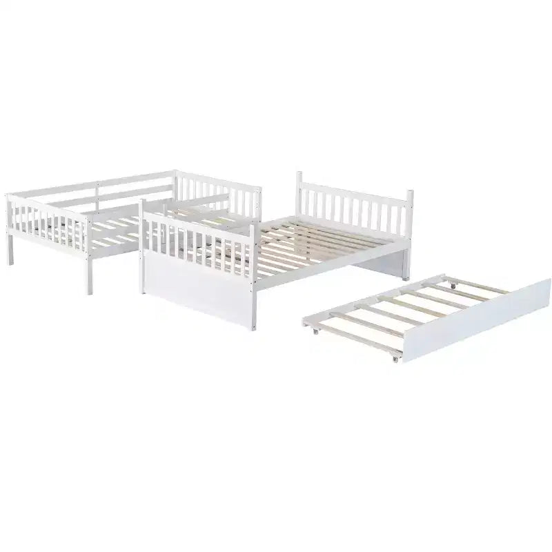 Litera de madera de caucho para dos camas matrimoniales con cama nido, escalera y barandillas, convertible en 2 camas matrimoniales, con cama nido individual