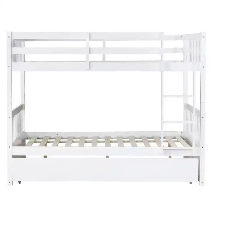 Litera de madera de caucho para dos camas matrimoniales con cama nido, escalera y barandillas, convertible en 2 camas matrimoniales, con cama nido individual