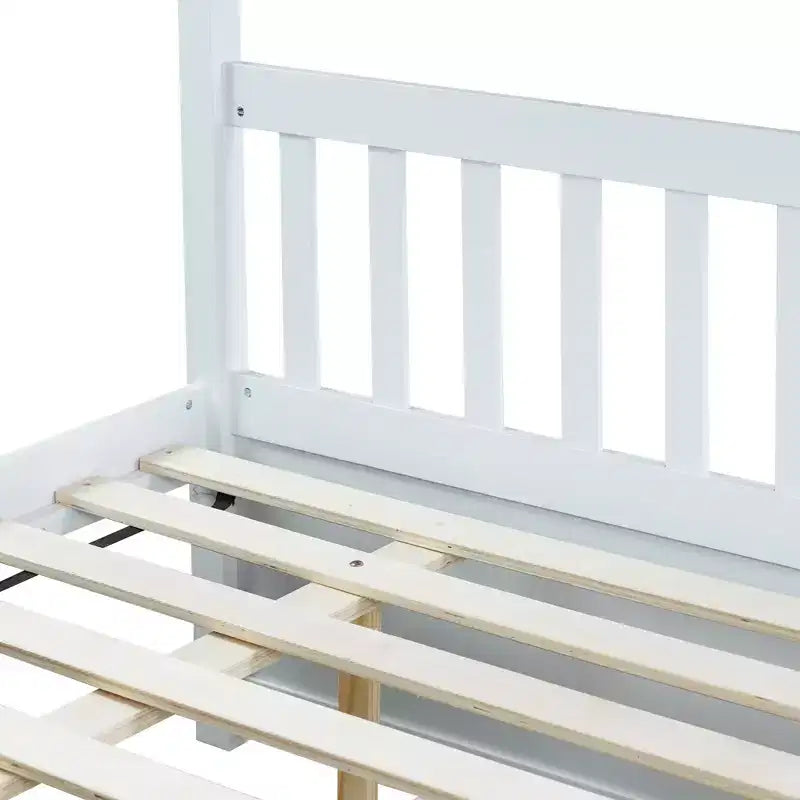 Litera de madera de caucho para dos camas matrimoniales con cama nido, escalera y barandillas, convertible en 2 camas matrimoniales, con cama nido individual
