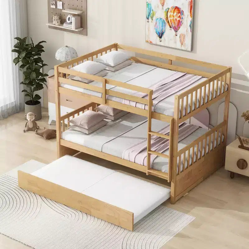 Litera de madera de caucho para dos camas matrimoniales con cama nido, escalera y barandillas, convertible en 2 camas matrimoniales, con cama nido individual