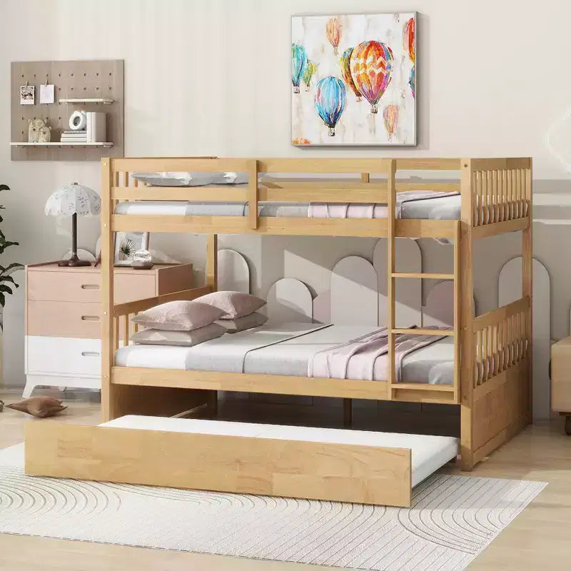 Litera de madera de caucho para dos camas matrimoniales con cama nido, escalera y barandillas, convertible en 2 camas matrimoniales, con cama nido individual