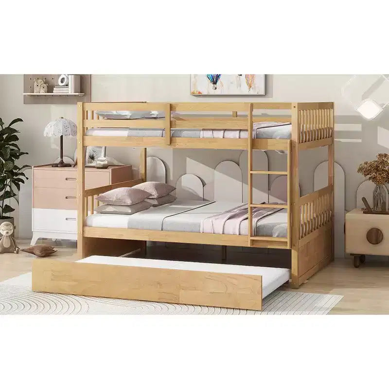 Litera de madera de caucho para dos camas matrimoniales con cama nido, escalera y barandillas, convertible en 2 camas matrimoniales, con cama nido individual