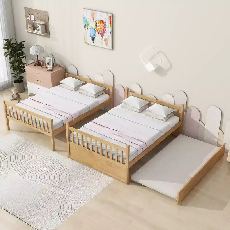 Litera de madera de caucho para dos camas matrimoniales con cama nido, escalera y barandillas, convertible en 2 camas matrimoniales, con cama nido individual
