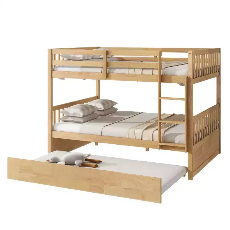 Litera de madera de caucho para dos camas matrimoniales con cama nido, escalera y barandillas, convertible en 2 camas matrimoniales, con cama nido individual