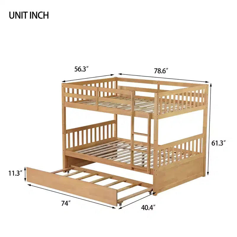 Litera de madera de caucho para dos camas matrimoniales con cama nido, escalera y barandillas, convertible en 2 camas matrimoniales, con cama nido individual