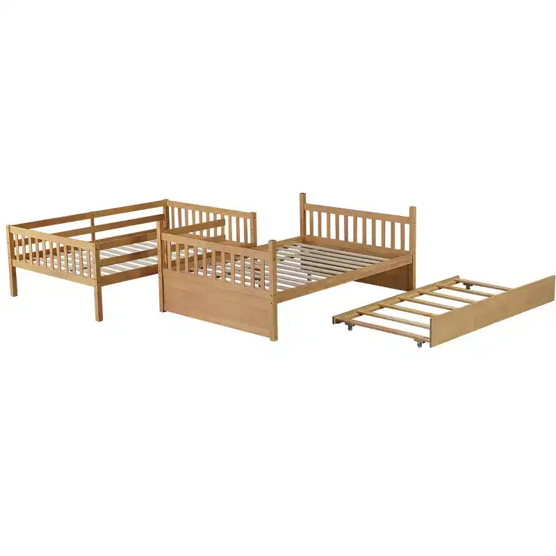 Litera de madera de caucho para dos camas matrimoniales con cama nido, escalera y barandillas, convertible en 2 camas matrimoniales, con cama nido individual