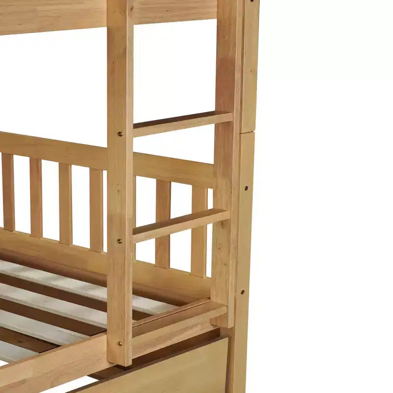 Litera de madera de caucho para dos camas matrimoniales con cama nido, escalera y barandillas, convertible en 2 camas matrimoniales, con cama nido individual