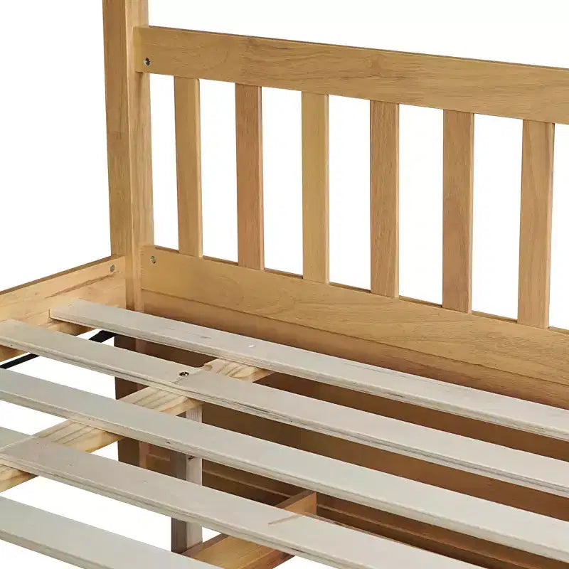 Litera de madera de caucho para dos camas matrimoniales con cama nido, escalera y barandillas, convertible en 2 camas matrimoniales, con cama nido individual