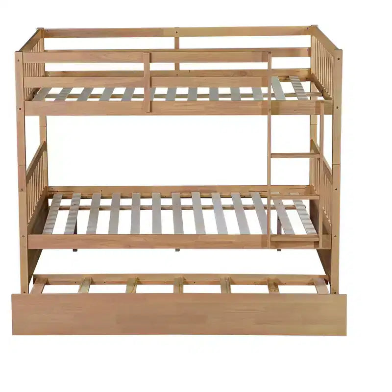 Litera de madera de caucho para dos camas matrimoniales con cama nido, escalera y barandillas, convertible en 2 camas matrimoniales, con cama nido individual