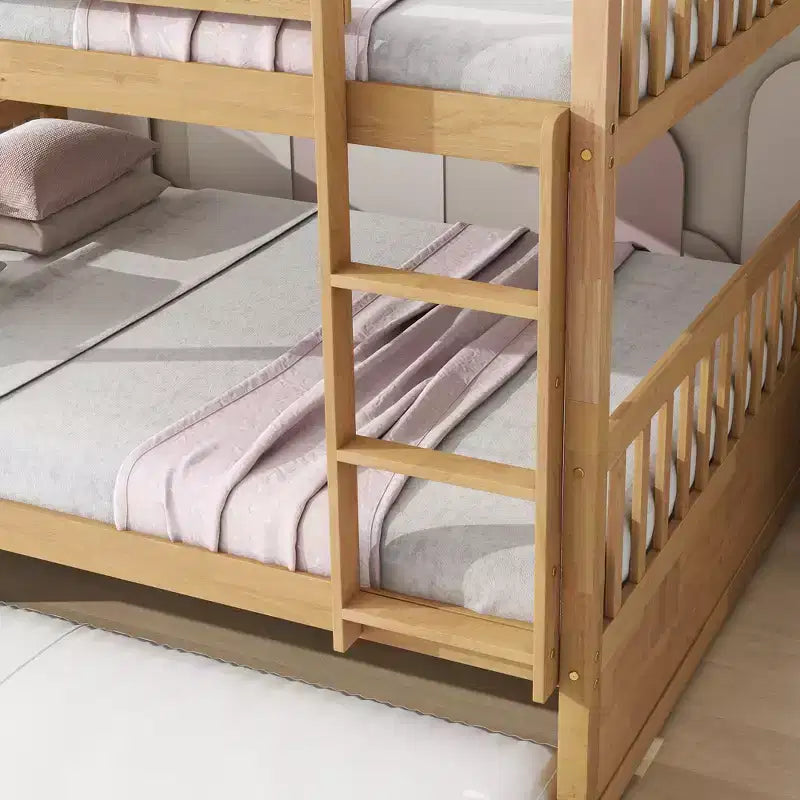 Litera de madera de caucho para dos camas matrimoniales con cama nido, escalera y barandillas, convertible en 2 camas matrimoniales, con cama nido individual