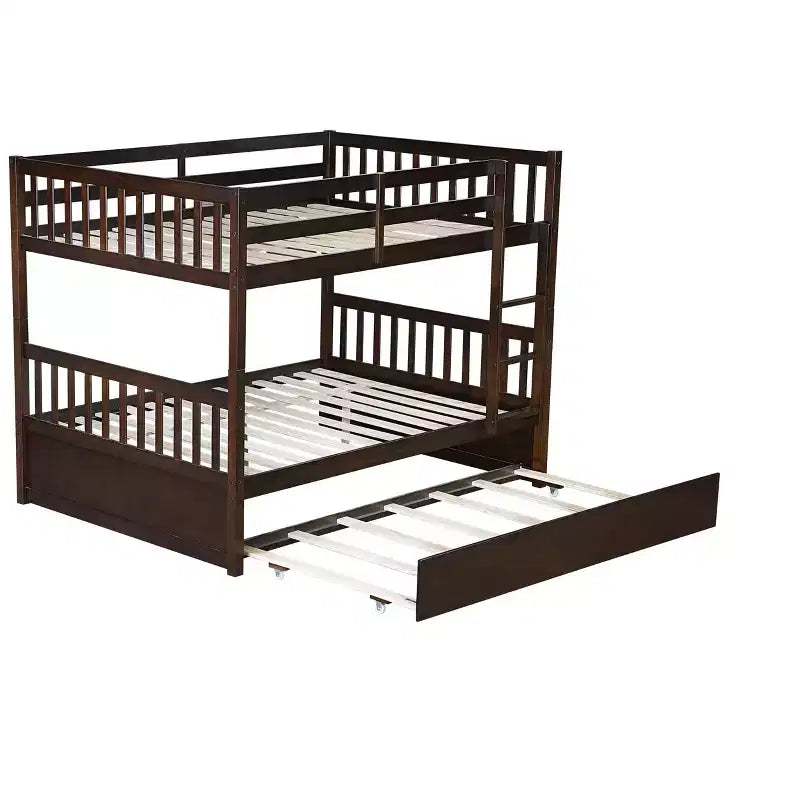 Litera de madera de caucho para dos camas matrimoniales con cama nido, escalera y barandillas, convertible en 2 camas matrimoniales, con cama nido individual