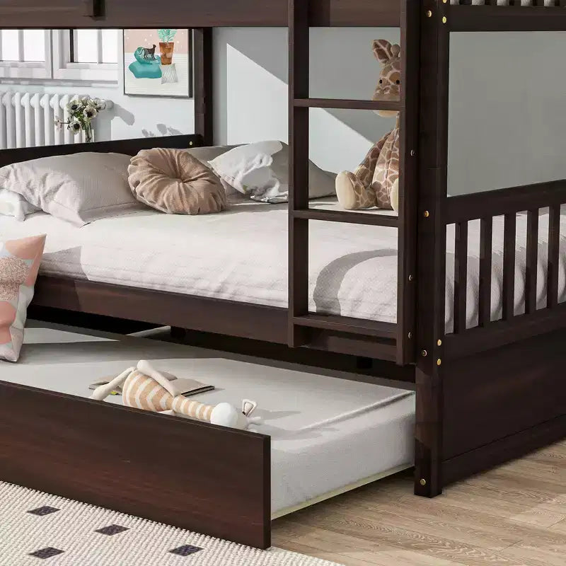 Litera de madera de caucho para dos camas matrimoniales con cama nido, escalera y barandillas, convertible en 2 camas matrimoniales, con cama nido individual