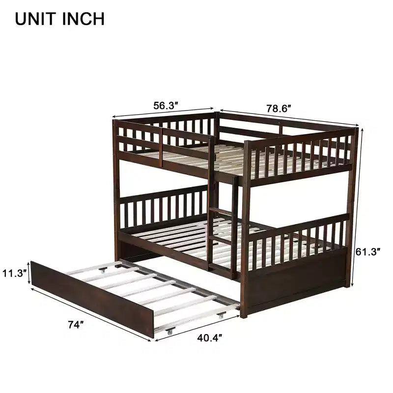 Litera de madera de caucho para dos camas matrimoniales con cama nido, escalera y barandillas, convertible en 2 camas matrimoniales, con cama nido individual
