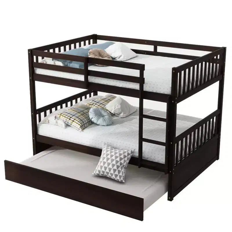 Litera de madera de caucho para dos camas matrimoniales con cama nido, escalera y barandillas, convertible en 2 camas matrimoniales, con cama nido individual