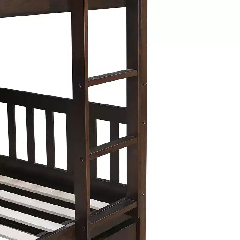 Litera de madera de caucho para dos camas matrimoniales con cama nido, escalera y barandillas, convertible en 2 camas matrimoniales, con cama nido individual