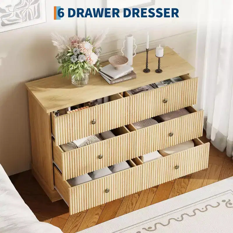 Kommode mit 6 geriffelten Schubladen, 47 Zoll, moderne horizontale Holzkommode mit Metallgriffen, stilvoller Stauraum fürs Schlafzimmer, Gästezimmer oder Apartment